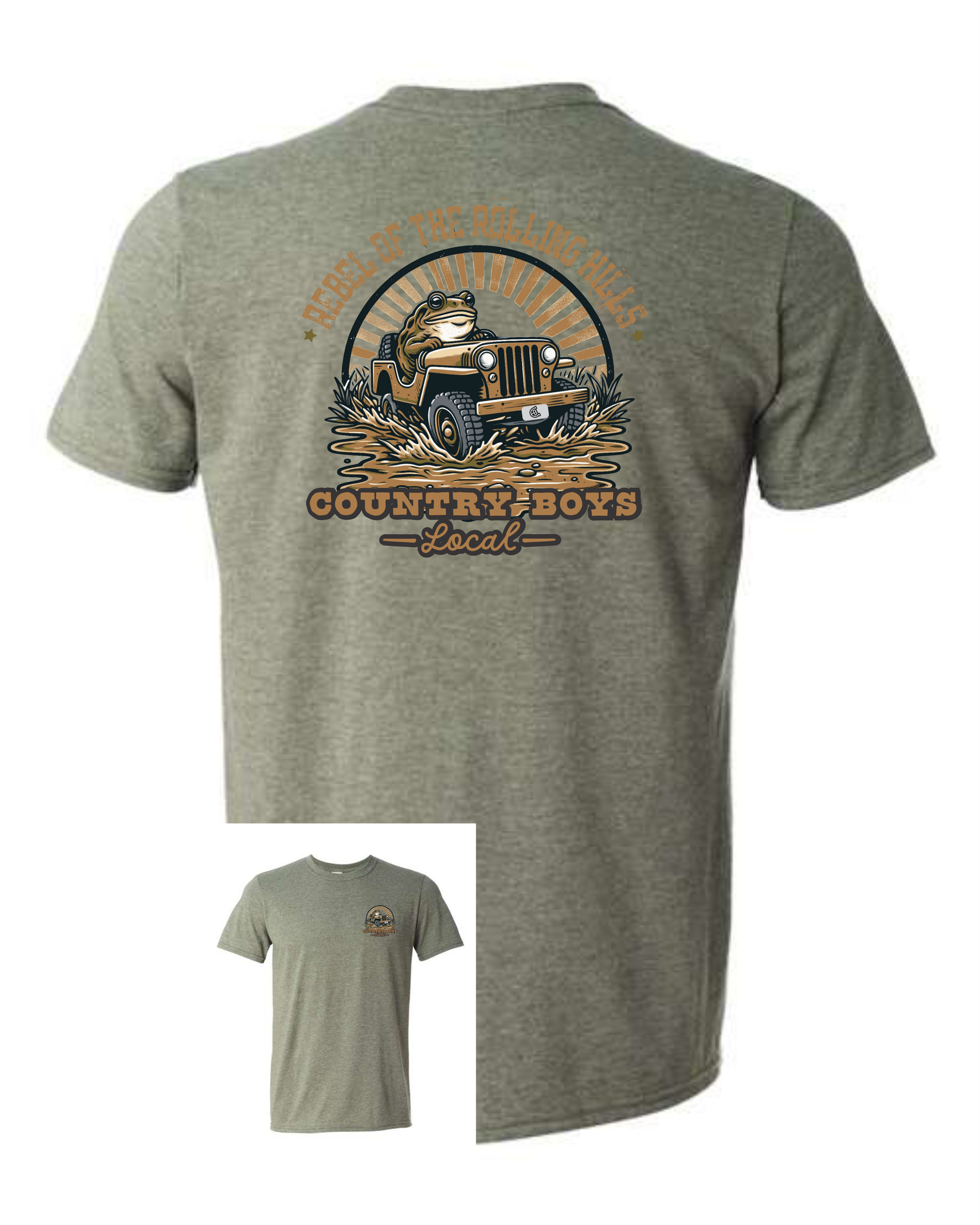 "Rebel of the Rolling Hills country graphic tee front view - off-road frog design by Country Boys Local"