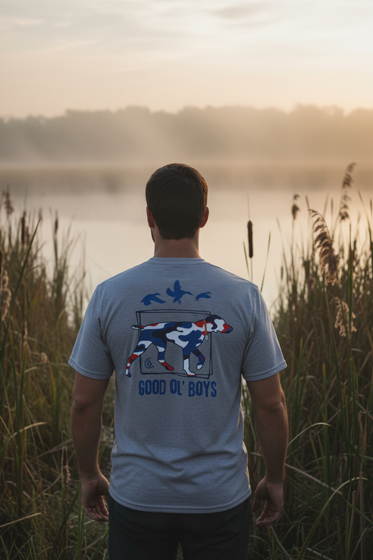 Good Ol' Boys hunting tee back view on athletic gray, camo pointer dog and ducks graphic, misty marsh background - Country Boys Local