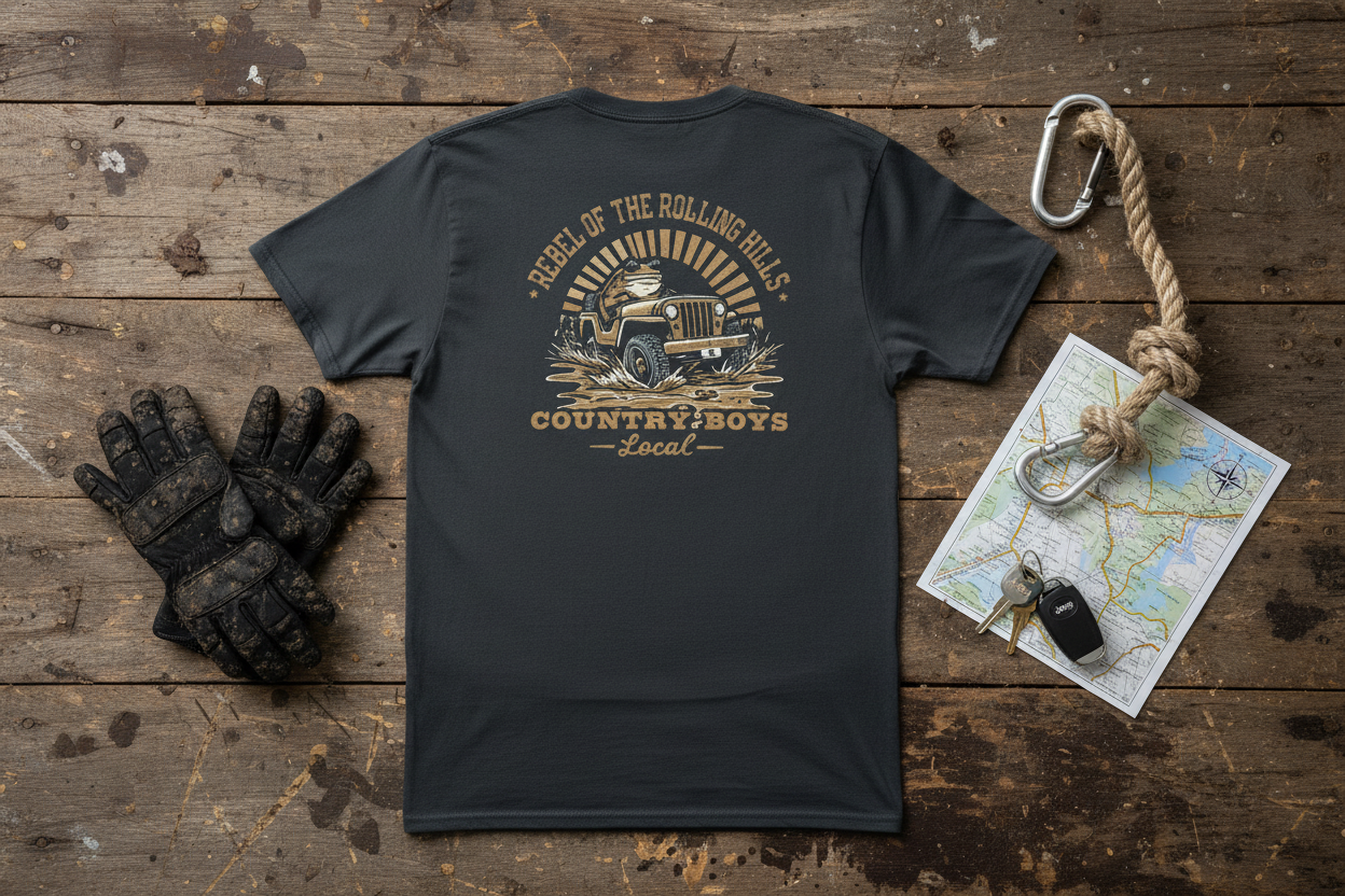 Rebel of the Rolling Hills graphic tee flat lay with off-road props on rustic wood, mud run frog design - Country Boys Local