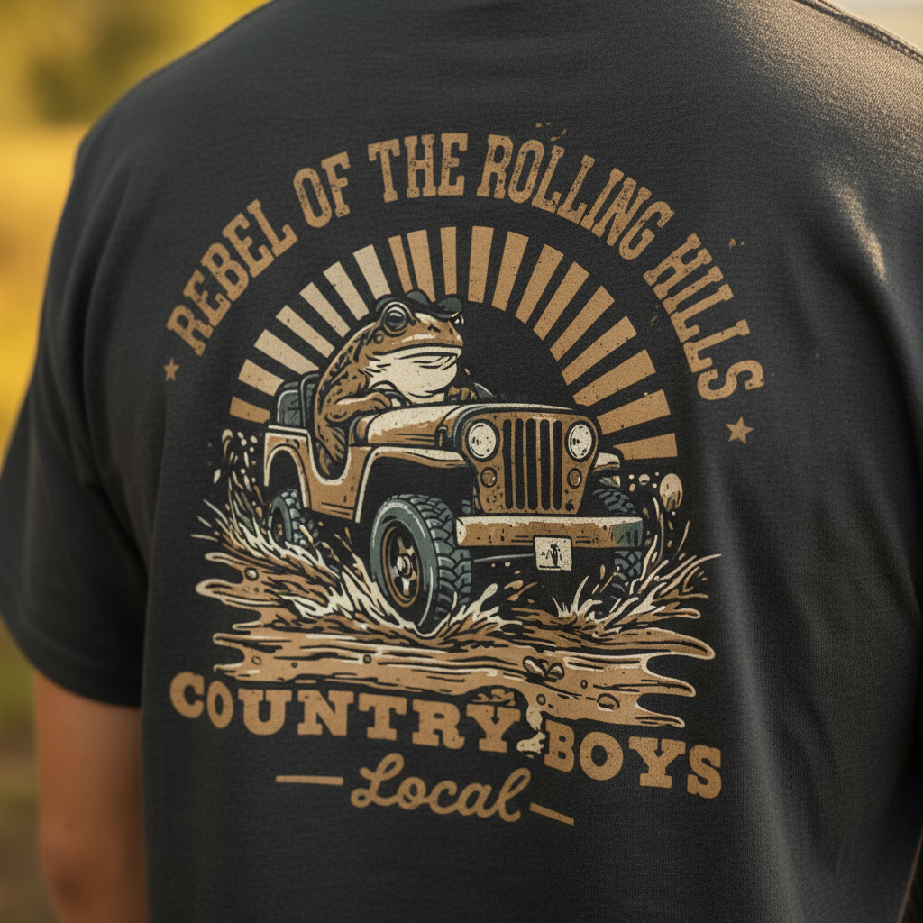 Close-up of Rebel of the Rolling Hills back graphic, off-road frog mud run design, Country Boys Local tee